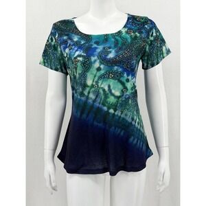One World Top Women Small Blue Green Paisley Tie Dye Embellished Boho Y2K Casual